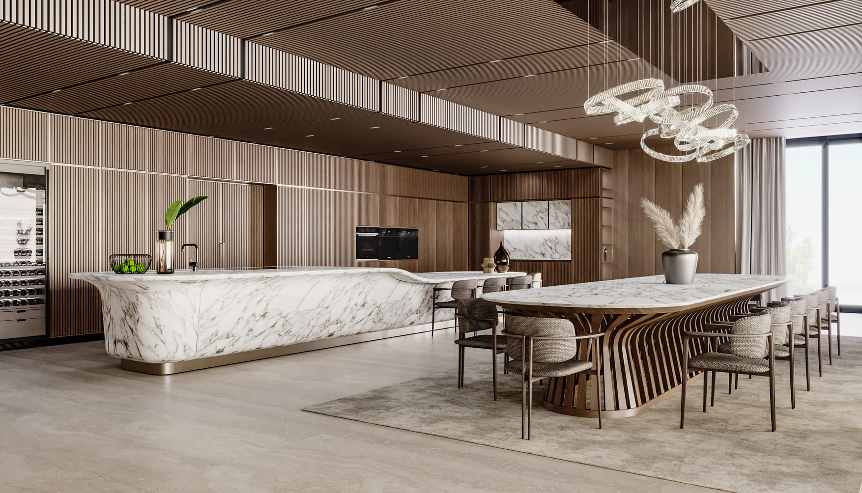 An expansive kitchen and dining area with matching marble island and table, surrounded by textured chairs, and highlighted by a modern chandelier.