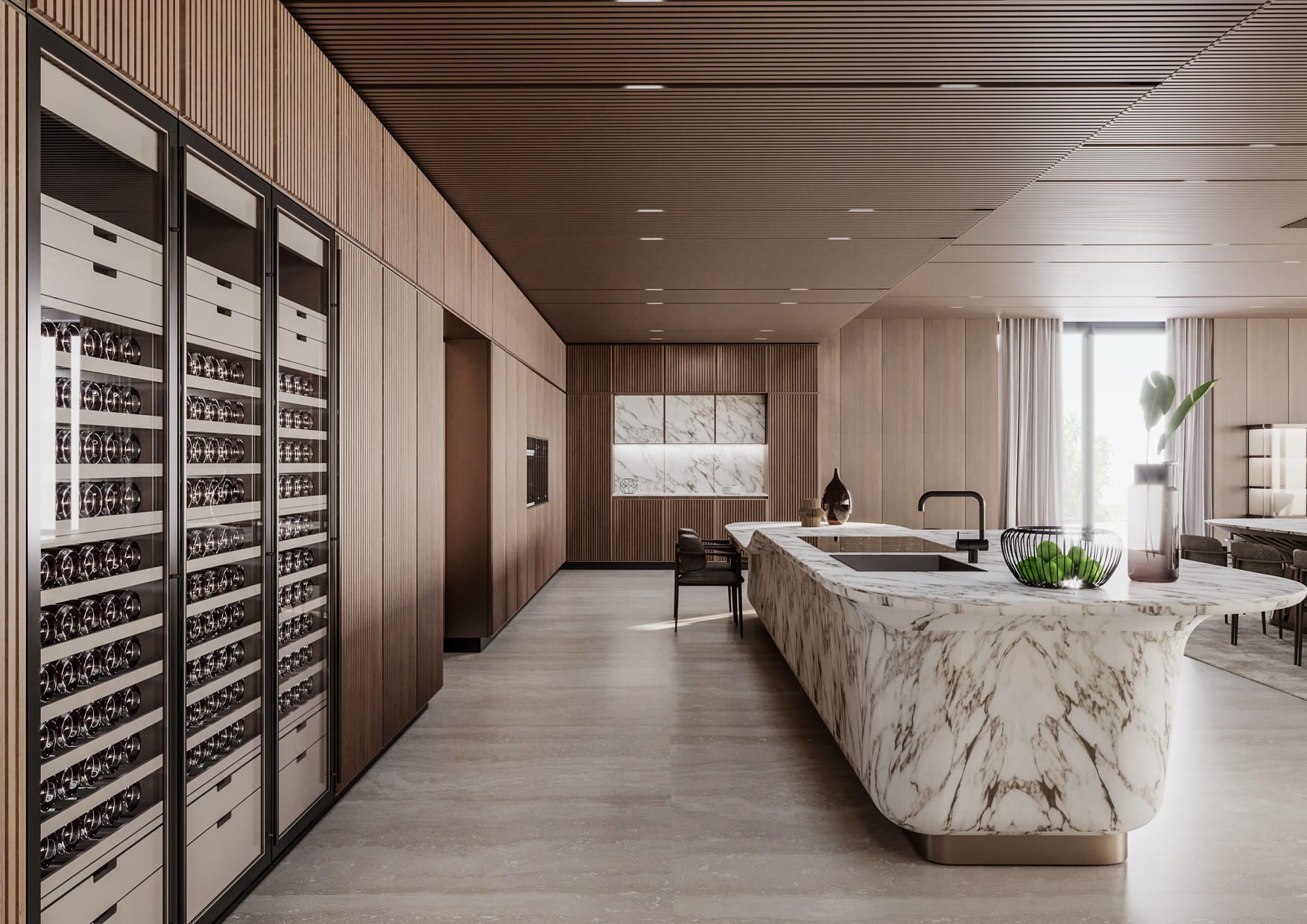 15_Villa Saudi_Kitchen vista A spacious kitchen with a large marble island, wine refrigerators, and wood paneling, blending modern design with warm tones.