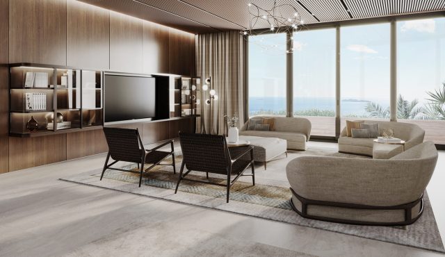 17_Villa Saudi_Living vista A modern living area with wooden wall panels, a large TV, comfortable seating, and a seaside view through expansive windows.