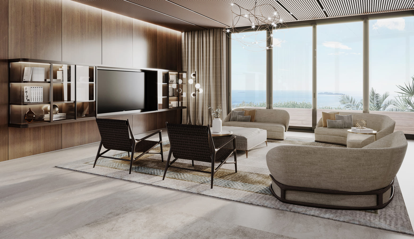 17_Villa Saudi_Living vista A modern living area with wooden wall panels, a large TV, comfortable seating, and a seaside view through expansive windows.