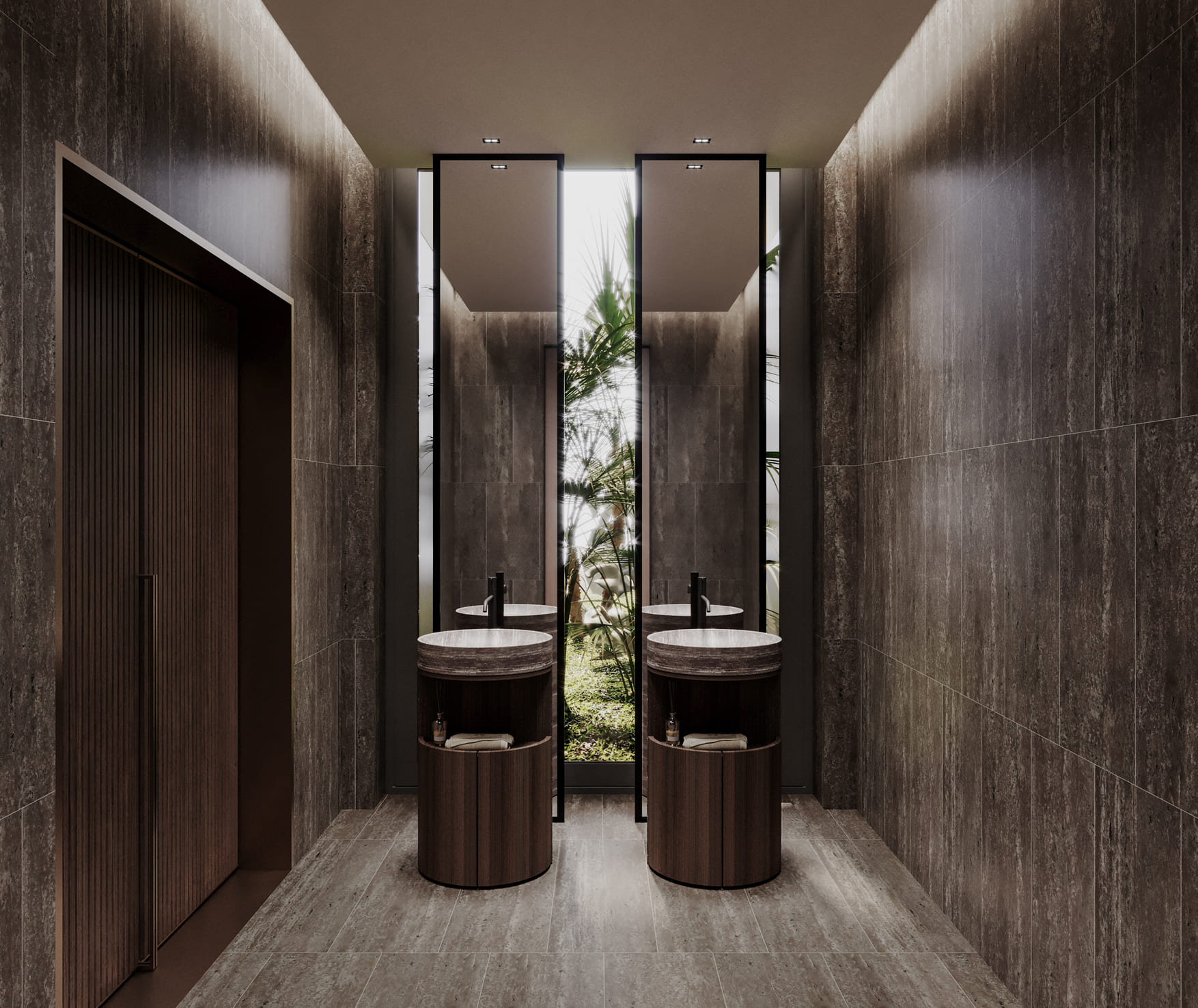 A modern bathroom featuring dual cylindrical sinks set against a backdrop of dark stone tiles, with a view of greenery through a tall window.