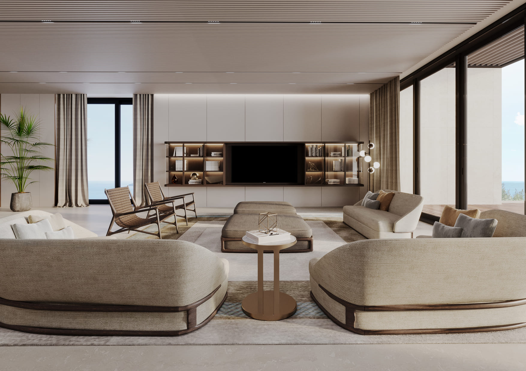 A minimalist living room with plush seating, a large TV, and bookshelves, framed by floor-to-ceiling windows and warm lighting.