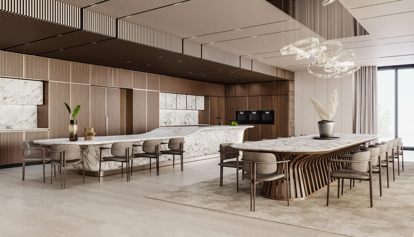 An expansive kitchen and dining area with matching marble island and table, surrounded by textured chairs, and highlighted by a modern chandelier.