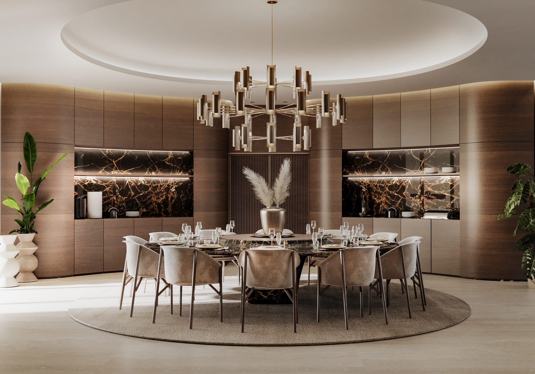 This image shows a modern dining room with a large, circular dining table set for eight. The chairs are upholstered in a plush material, and the table is set with plates, glasses, and cutlery. A striking chandelier hangs above, and the room features a contemporary design with a neutral color palette. The back wall is adorned with marble accents and backlit panels, creating a luxurious ambiance. Decorative plants add a touch of greenery to the space.
