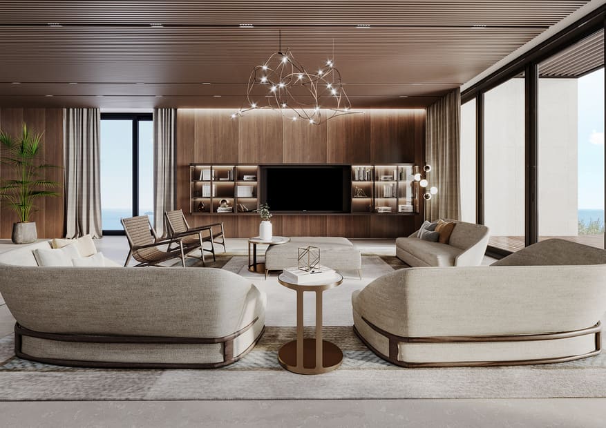 An elegant living room with stylish sofas, an artistic light fixture overhead, and a wooden entertainment unit, bordered by panoramic windows.