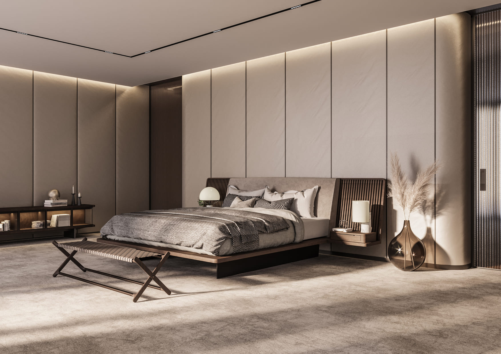 A spacious bedroom with a large bed, soft lighting, minimalist decor, and a lounging chair, all in a soothing neutral palette.